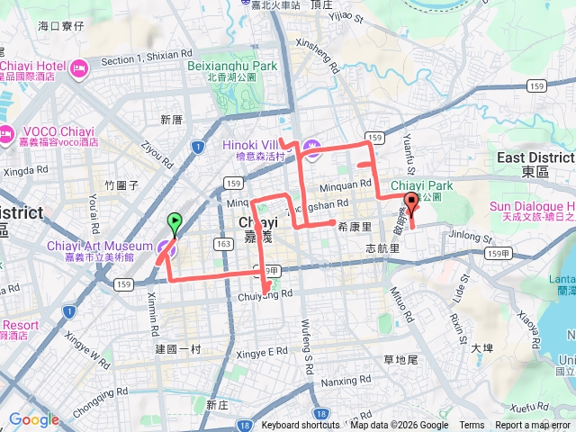 皮克敏嘉義活動路線-嘉義火車站->文化創意產業園區->美術館->文化公園->中央第一商場->文學館東門町1923->博物館->實驗木場->KANO棒球場預覽圖
