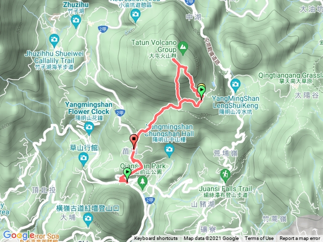 大都會客運陽明山站→七星山苗圃登山口→七星山主峰→七星山東峰→七星公園→七星山苗圃登山口