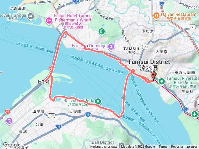 淡水捷運站-金色水岸自行車道-淡江大橋-觀海長堤-八里左岸自行車道-渡船頭-淡水捷運站