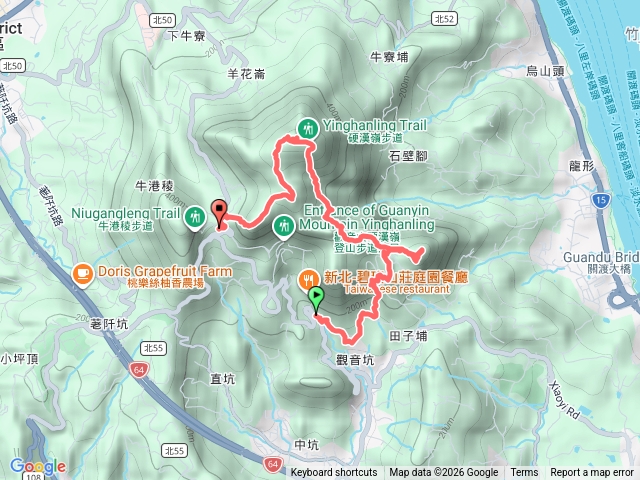觀音山（土雞城-潮音洞-東明山-占山-北橫一二段-觀音山-弱者俱樂部-開山嶺-小鷹尖下風櫃嘴步道-遊預覽圖
