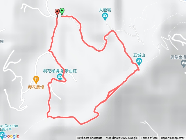 石門路70號步道入口-直上五城山-天上山縱走-距石門路0.25公里處直下-麗景山莊-產業道路回70號步道入口