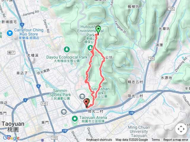 宏德宮-五分山-停機坪-虎頭山三角點-環保公園-虎頭山西峰-西南峰眺望台-經國梅園-宏德宮