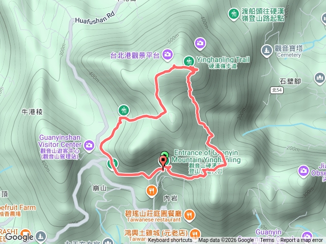 新北八里地區郊山行程：夜登觀音山、夜賞淡江大橋O型縱走。(凌雲禪寺,尖山步道,北橫古道,硬漢嶺觀景平台,硬漢嶺步道,楓櫃斗湖步道)預覽圖