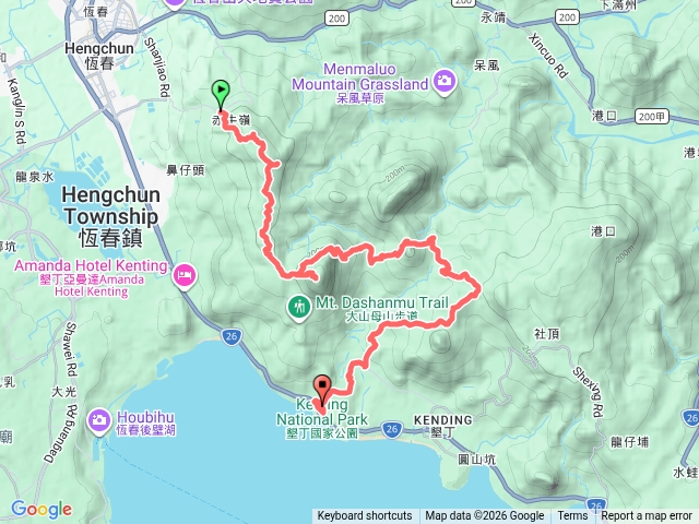 恆春大縱走-鎮南宮→千年榕樹→赤牛嶺→大山母山→大營地→小尖石山→龜呵吠山登山口→大尖石山登山口→柵欄→墾丁遊客中心預覽圖