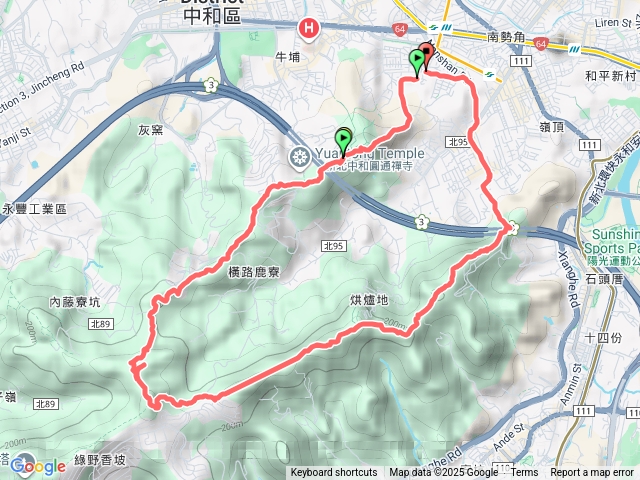 復興國小至國旗嶺(外南勢角山)圓通寺至外埔頭山至五尖山至三清宮至青春嶺至南勢角山至華夏登山口預覽圖