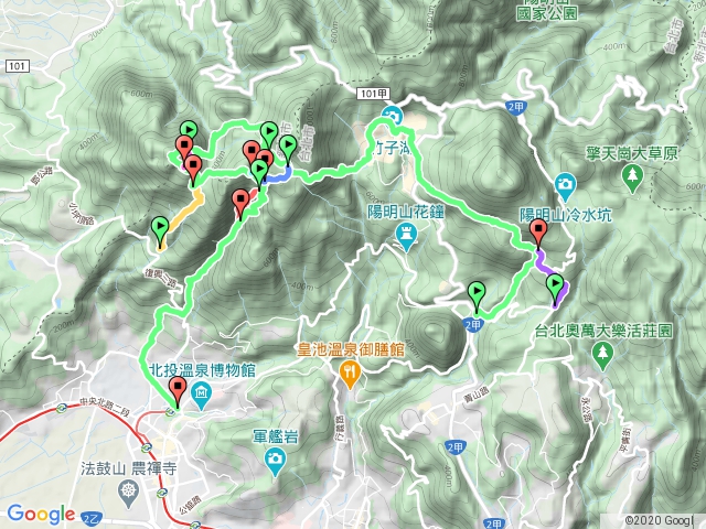 2020.6.6教師中心站_新園街路底_磺溪內溪水管路_冷苗步道_金露天宮山腰步道→頂湖_青楓步道_二子坪_面天山_向天山_火燒山_大屯西_大屯谷_永春寮步道_竹林步道_新北投捷運站-1