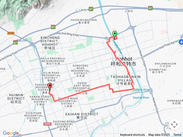 北山公園沿小黑河、內蒙大學，回海亮廣場