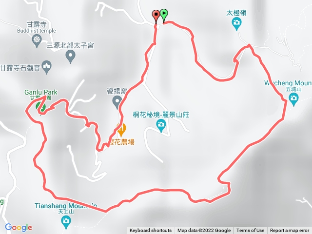 70號登山口-直上五城山-天上山從走東段-天上山鞍部（天下山）-甘露公園-產業道路-回70號登山口
