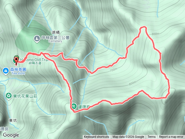 乾元宮～胡桶古道～東坑山～建牌崙～梳妝頂山～梳妝樓山～胡桶古道～乾元宮。（新北坪林）預覽圖