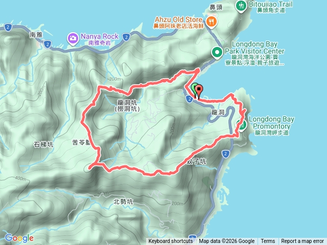 龍洞龍興廟-龍洞坑古道-龍洞大瀑布-南雅山-南雅山西峰-苦苓嶺-苦命嶺(紅毛山)-和美山(蚊子坑山)-龍洞灣岬步道-龍洞龍興廟  O型預覽圖