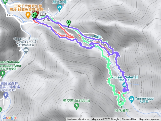 202307雲森瀑布&姊妹瀑布連走路線O型 左上右下、山徑水路一次走⋯（右上左下） 注意⚠️水大時不要走、渡溪危險⚠️