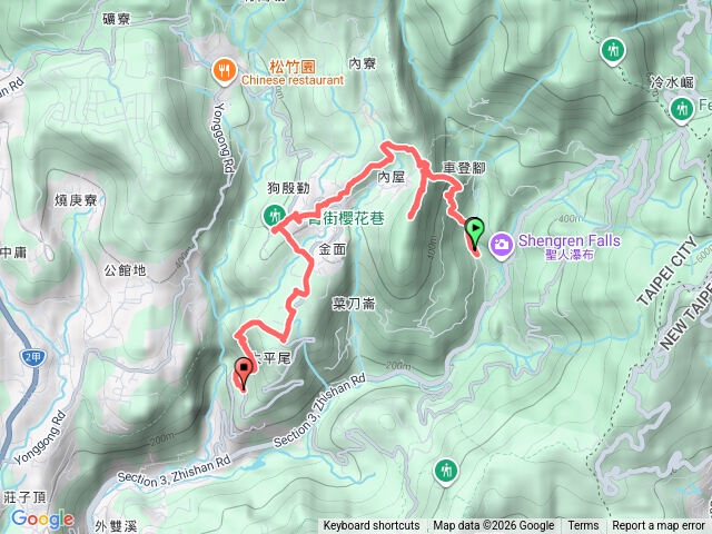 平菁賞櫻： 溪和宮~坪頂古圳~大崎頭步道~鵝尾山~古圳~平菁街42公平橋~鵝尾山水田~稻浪橋~登峰圳2支線~大坪尾山~溪山百年古圳~半嶺站預覽圖