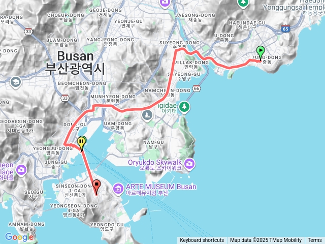 2025.11.04尾浦1003巴士回到釜山郵輪碼頭軌跡