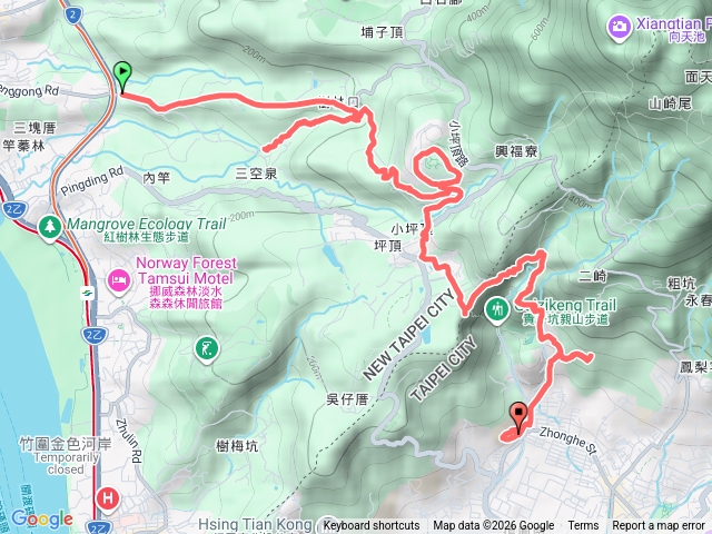 輕軌淡金鄧公站-滬尾櫻花大道-三空泉農場-阿三哥農場-坪頂集應廟-貴子坑三峰-三層崎公園