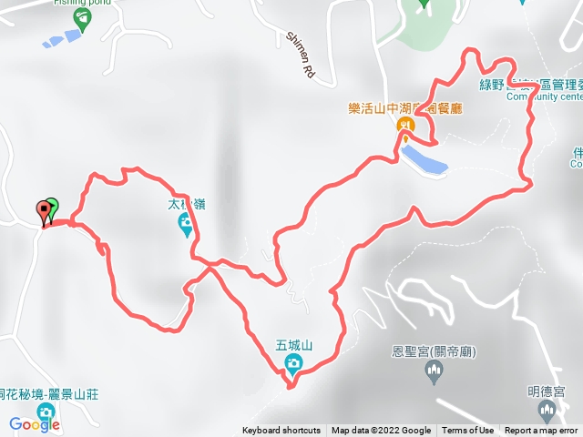 石門路70號步道入口-約莫80公尺處左轉69號步道-直上拉繩攀上太極嶺-下101階左轉到山中湖-文筆山登山口-經菜園-天上山縱走-五城山-直下山路回70號步道入口