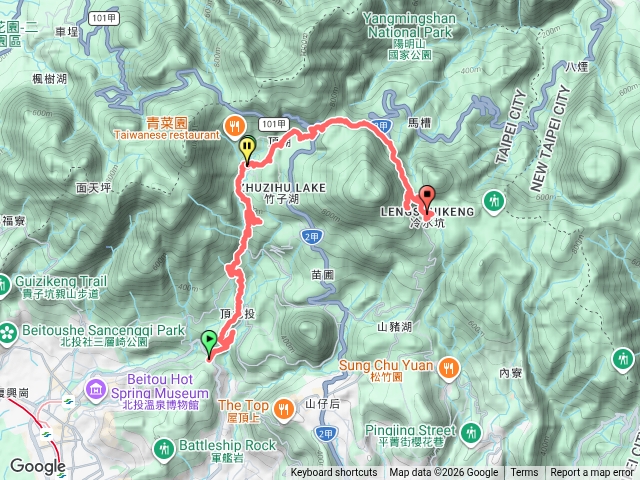 十八份水圳步道-東昇水圳-草山觀瀑吊橋-猴崁水圳步道-竹子湖-瀧瀧大殿-海芋步道-七星山人車分道-夢幻湖-牛奶湖預覽圖