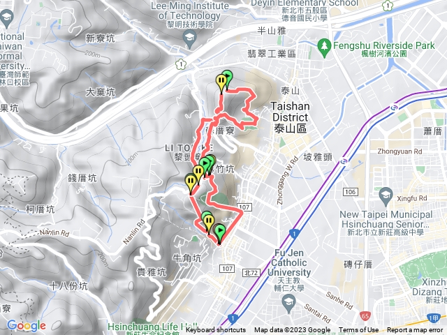   泰山巖>>頂山公園>尖凍山>泰山綜合運動埸>瓊仔湖土地公廟>義學坑>明志書院>泰山巖