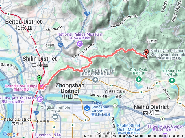 捷運劍潭站→劍潭山老地方→劍南路→文間山→鄭成功廟步道→圓明寺步道→金龍產業道路→忠勇山越嶺步道→碧山巖預覽圖