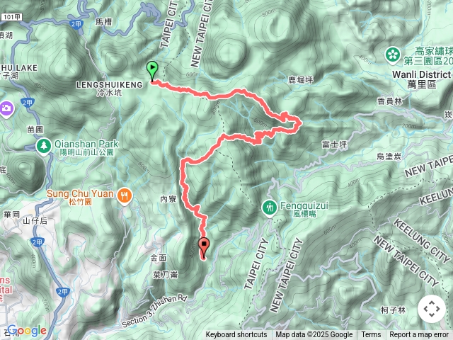 擎天崗-擎天崗山東峰-富士古道-大尖山-富士坪古道-富士坪山-瑞泉古道-杏林山-高頂山-嶺南山-內雙溪古道-登峰圳步道-溪和宮
