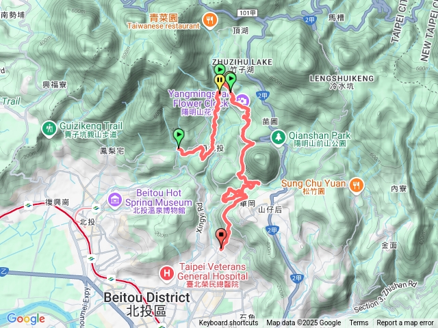 十八份水圳步道→草山觀瀑吊橋連走六瀑─觀瀑吊橋→猴崁古道→大屯瀑布→小隱潭瀑布→橫嶺古道→半嶺瀑布→松溪瀑布→翠峰瀑布→天母古道