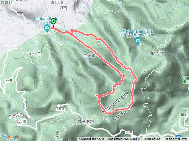 小觀音山群峰，三板橋經菜頭崙進，竿尾崙出