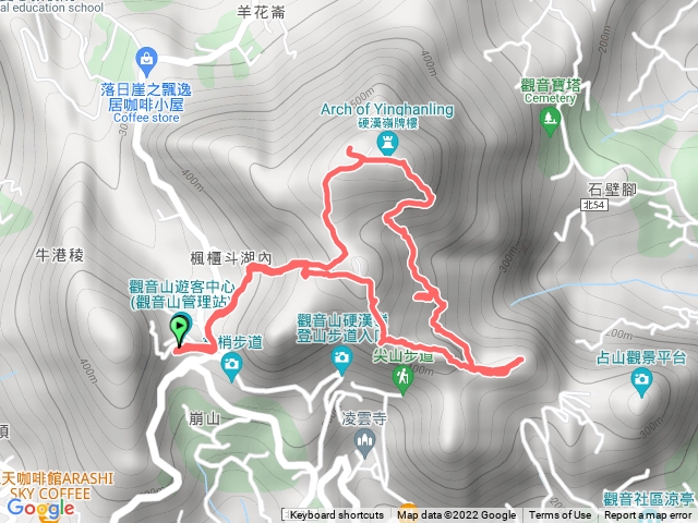 觀音山登山步道，觀音山遊客中心，福山宮，硬姐嶺，硬漢嶺，觀音山，駱駝峰，潮音尖，盤絲尖，凌雲尖，雙亭，弱者俱樂部