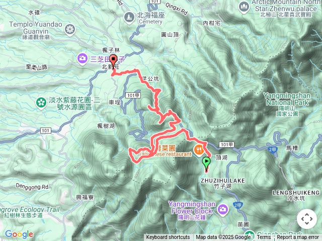 竹子湖--二子坪--二子山西峰--二子山東峰--菜公坑山--百拉卡山--烘爐山--北新莊