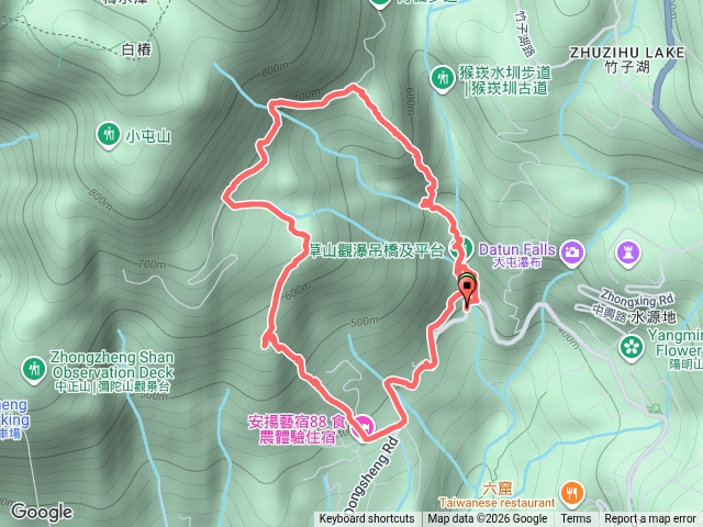 ⁠猴崁古道、草山觀瀑吊橋、無尾崙、頂湖山及頂湖山東北峰連走 O 型⁠預覽圖