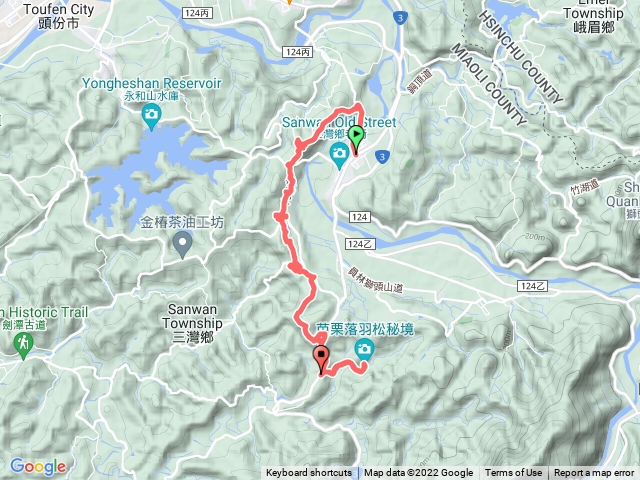 2022-10-28 三灣郵局→龍峎頂步道→三灣火炎山→百年公婆樹→北埔生態池→三連埤步道→老銃櫃步道→五寶慈湖禪寺→三灣落羽松