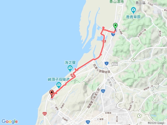 海山漁港、香山濕地、十七公里自行車道終點站、崎頂子母隧道、鐵路懷舊步道