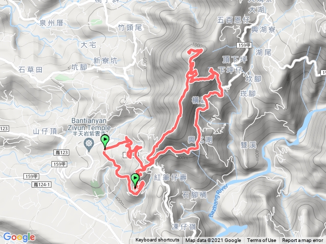 石頭公公園-祈福步道-羅漢廣場-半天岩山三角點-三寶山步道-烏心石山-三寶連峰縱走-鳩州嶺-尖凍山三角點-石頭公公園