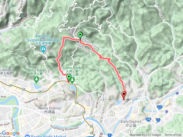 捷運大湖公园I号出口→龙船岩→开眼山→白石湖東峰→大邱田山→興善宮→水尾潭山→老鷹尖→南峰→學頭坡山→金龙湖