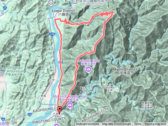 從大津登山口縱走六龜警備道南段(真我山,網子山,鳴海山,御油山,南鳳山)至鳳崗山苗圃續走鳳崗林道O繞
