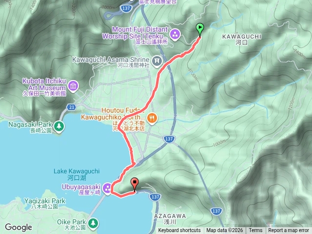 母之白滝走山徑下淺間神社，沿寺川到河口湖邊回富之湖飯店