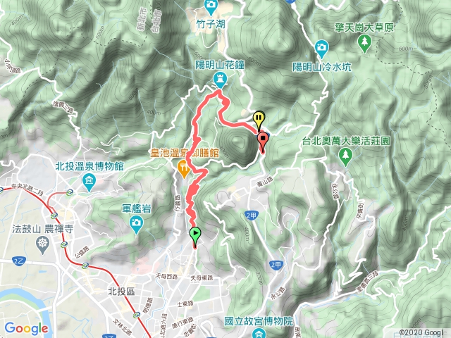 天母圖書館→猴洞產業道路→半嶺水圳步道→第二展望亭→紗帽路→陽峰古道→陽明公園→前山公園→陽明醫院舊址→白雲瀑布