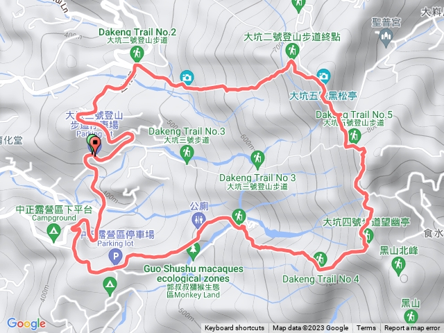 小百岳 頭嵙山: 大坑3號步道停車場-4號步道-2號步道 中O型