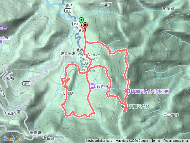 米堤->鳳凰北嶺->天文台->賞鳥步道->大學池->森林浴步道->神木區->沿溪步道->停車場->米堤預覽圖
