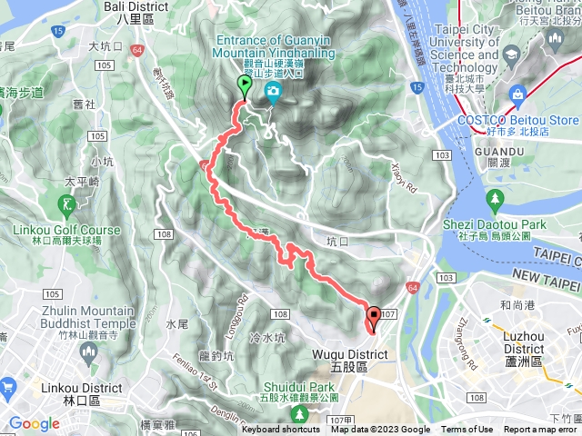 20230401觀音山遊客中心> 御史路> 旗竿湖>固結土、獨角仙生態步道> 旗竿湖農場木棧道> 五股