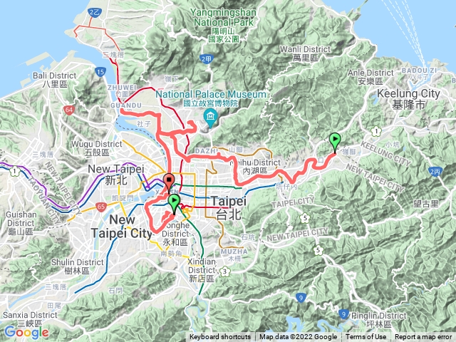 五堵-大直-關渡宮-天母-大稻埕-馬場町。基隆河-淡水河-新店溪騎行。