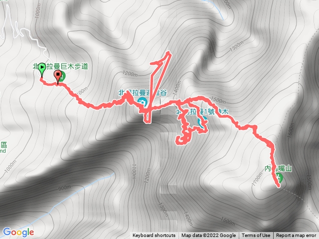 內鳥嘴山、北得拉曼山 水田林道登山口→休憩站→迴音谷→田中山→環型木叉路口→小瀑布→1/2/3/4號神木→環型木叉路口→內鳥嘴山→環型木叉路口→水田林道登山口