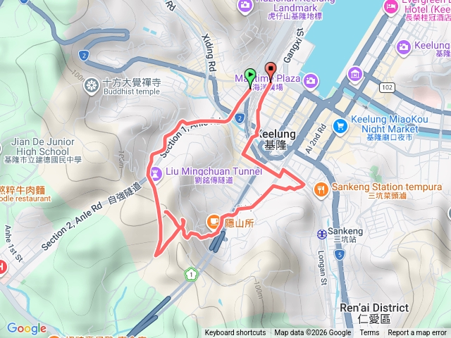 基隆：劉銘傳隧道-獅球嶺西砲台-平安宮-百年防空洞-O形規劃路線預覽圖