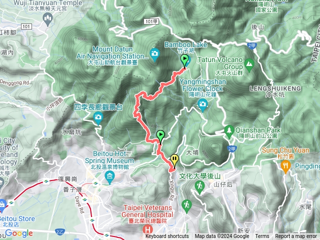 竹子湖公車站起登＝＞青楓步道＝＞中正山第一登山口＝＞觀景台＝＞龍鳳谷山之林餐廳＝＞行義路四公車站