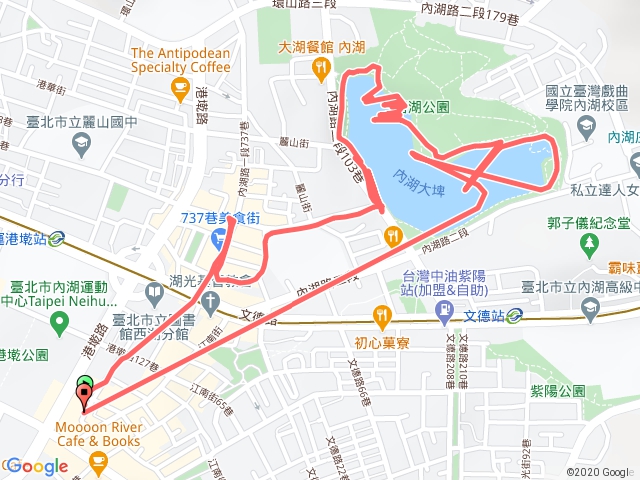 港墘路→內湖路→碧湖公園環湖步道→內湖路→港墘路