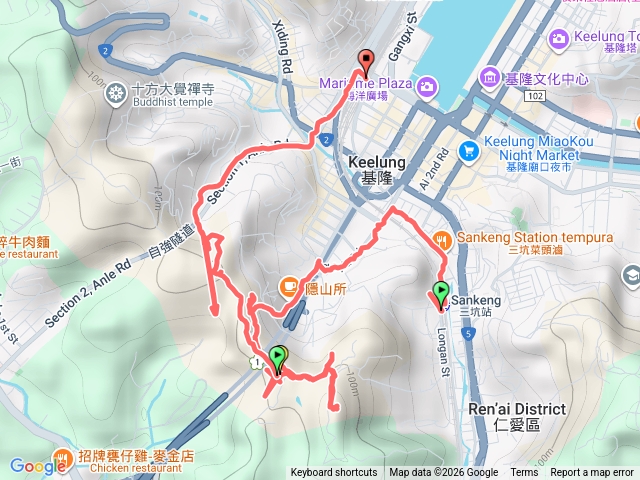 115/1/15-三坑火車站＞基隆國民運動中心>平安宮>獅球嶺景觀台涼亭>樹洞北碉堡群>東砲台>吳哥窟碉堡>中央砲台(獅球嶺山)>獅球嶺北峰>西砲台>劉銘傳隧道（北口→南口來回）>基隆火車站預覽圖