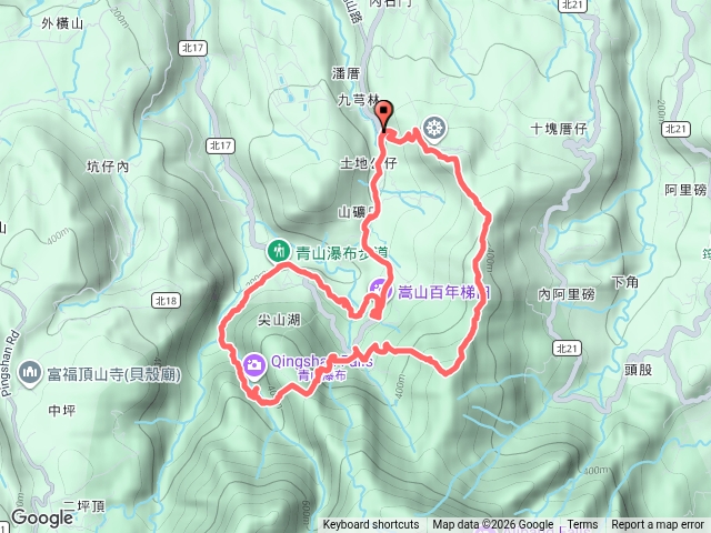 佛光山北海道場～九芎林山西北峰～九芎林山～土地公嶺山～尖山湖步道、紀念碑～青山瀑布～石門嵩山百年梯田景觀～北海道場。（新北石門）預覽圖